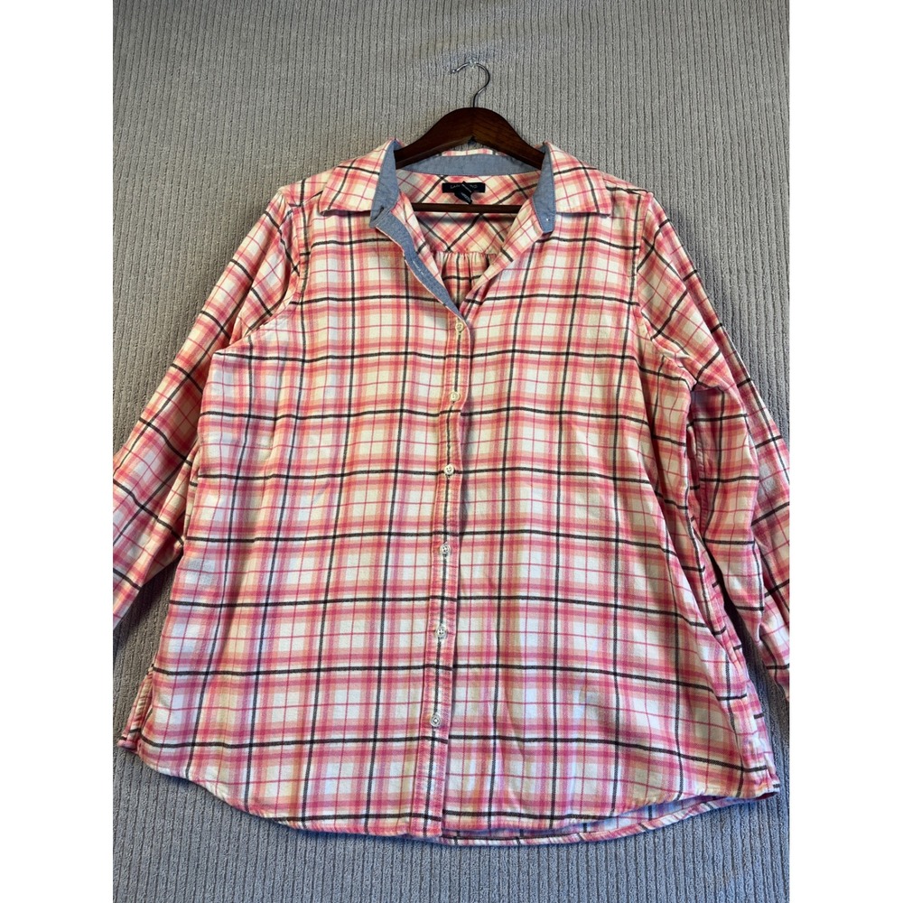 Lands End Womens 1X Pink Plaid Flannel Button Down Shirt Cotton Long Sleeve